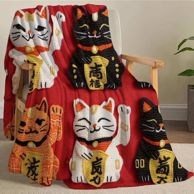 Red Zhaocai Cat Print Flannel Blanket Reversible All-Season Soft Warm Throw for Sofa Bed Nap Machine Washable Multi-Size Cozy Home Decor with Playful Feline Design Contemporary Style Plush Texture Camping Picnic Chair and Set Ceramic Christmas Coffee Mug