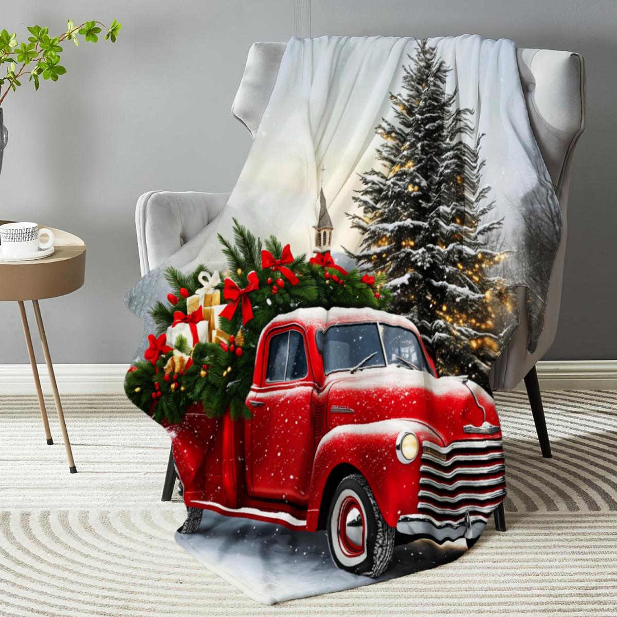 290g Flannel Christmas Throw Blanket Red Vintage Truck With Tree & Gifts Print for Cozy Holiday Decor Festive Home Accessories Camping Picnic Chair and Set Ceramic Mug Straw