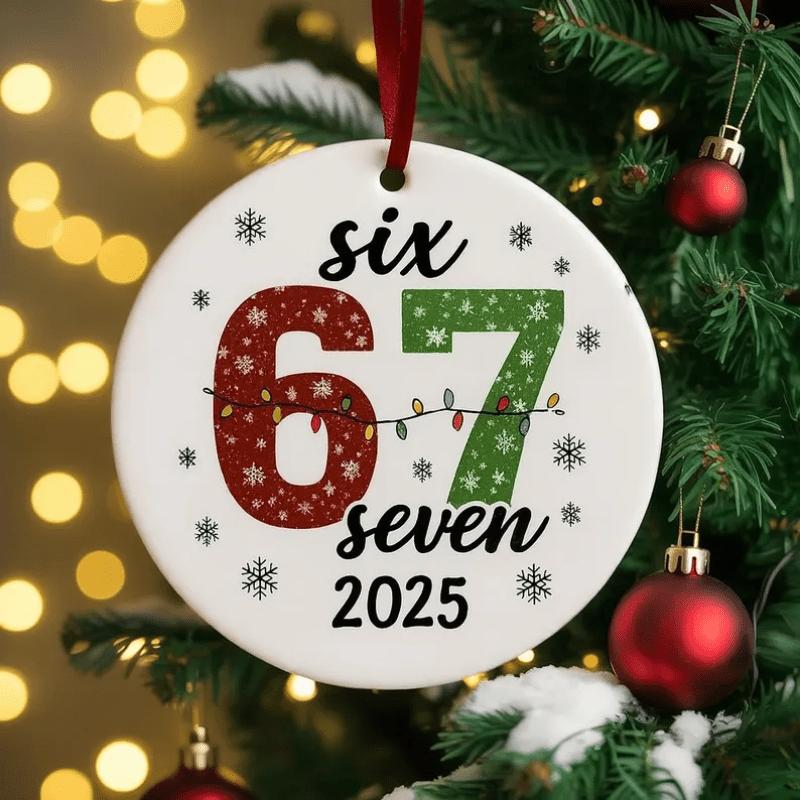 2025 Year-Specific Six Seven 67 Ceramic Ornament - Number 67 Numbered Keepsake for Gen Z, Durable 3.1" White & Red/Black/Green Bohemian-Style Number 67 Decor with Ribbon, & Christmas Tree Gift for & Camping Picnic Chair and Blanket Set Coffee Mug Lid Stra