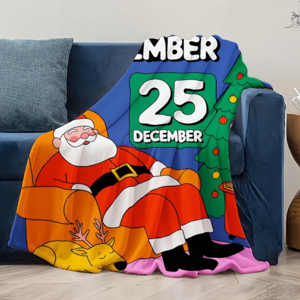 290g Flannel Blanket Christmas Throw Blue With Santa Claus & Tree Print December 25th Design For Holiday Cozy Home Decor Camping Picnic Chair and Set Ceramic Mug Straw