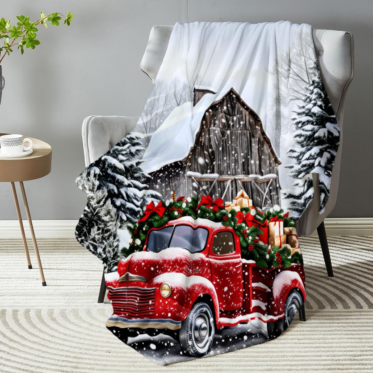 290g flannel blanket ‌   Christmas Throw Blanket Red Vintage Truck With Snowy Cabin And Pine Trees Holiday Decor For Cozy Living Room Or Bedroom