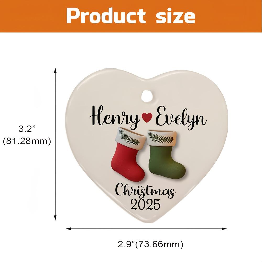 2025 Personalized Couple Christmas Ornament - Custom Name & Date Keepsake Ornament with Red & Green Stockings, Heart-Shaped Ceramic Decoration for Newlyweds, Engagement Anniversary Gift, Holiday Tree Decoration, Christmas Decorations Camping Picnic Chair