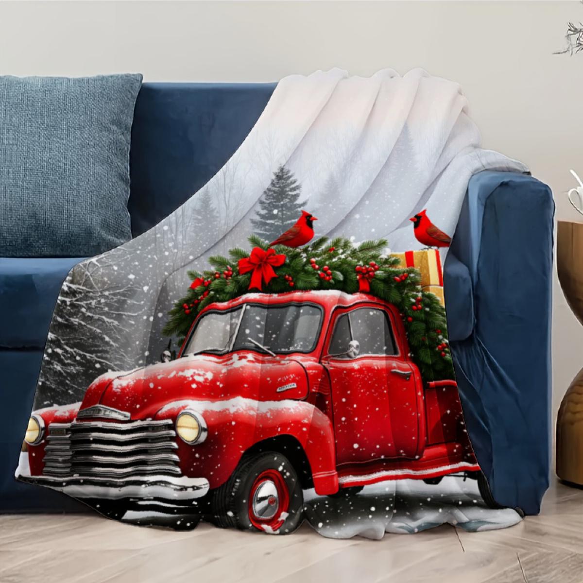 290g Flannel Blanket Christmas Throw Red Vintage Truck Snowy Forest Cardinals Print Cozy Winter Home Decor Holiday Gift Camping Picnic Chair and Set Tree Ceramic Mug with Straw