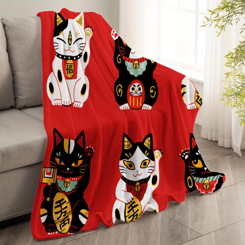 Red Zhaocai Cat Print Flannel Blanket Reversible All-Season Soft Warm Throw for Sofa Bed Nap Machine Washable Multi-Size Cozy Home Decor with Playful Feline Design Contemporary Style Plush Texture Camping Picnic Chair and Set Ceramic Christmas Coffee Mug