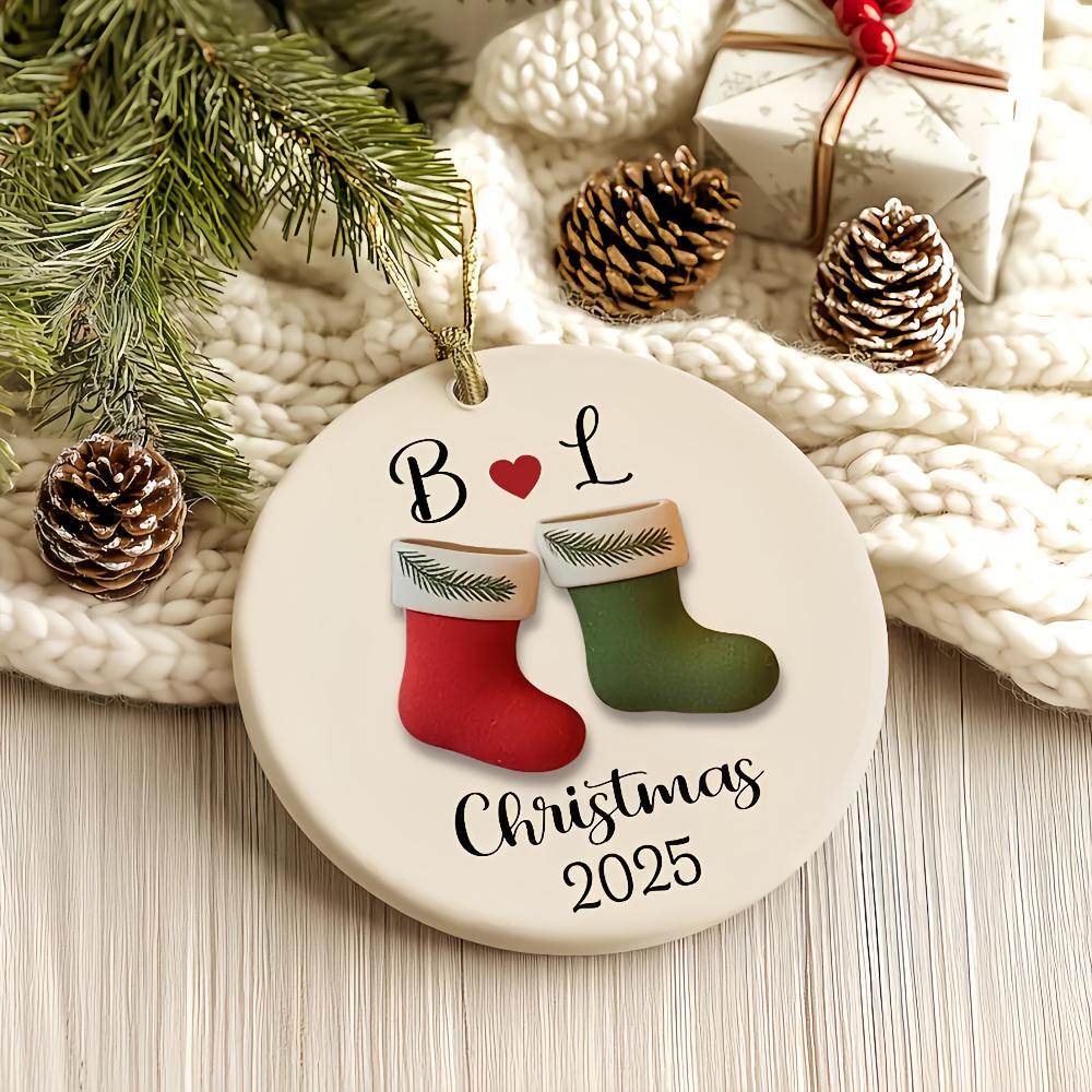 2025 Personalized Couple Christmas Ornament - Custom Name & Date Keepsake Ornament with Red & Green Stockings, Heart-Shaped Ceramic Decoration for Newlyweds, Engagement Anniversary Gift, Holiday Tree Decoration, Christmas Decorations Camping Picnic Chair