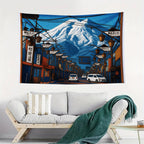 Wall Tapestry Blue Mount Fuji Japanese Street Scene With Snowy Mountain And Traditional Signs For Living Room Decor Cultural Charm Decorative Camping Picnic Chair Blanket Set Christmas Tree Ceramic Mug Straw artistic style