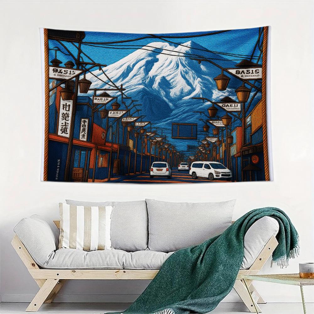 Wall Tapestry Blue Mount Fuji Japanese Street Scene With Snowy Mountain And Traditional Signs For Living Room Decor Cultural Charm Decorative Camping Picnic Chair Blanket Set Christmas Tree Ceramic Mug Straw artistic style