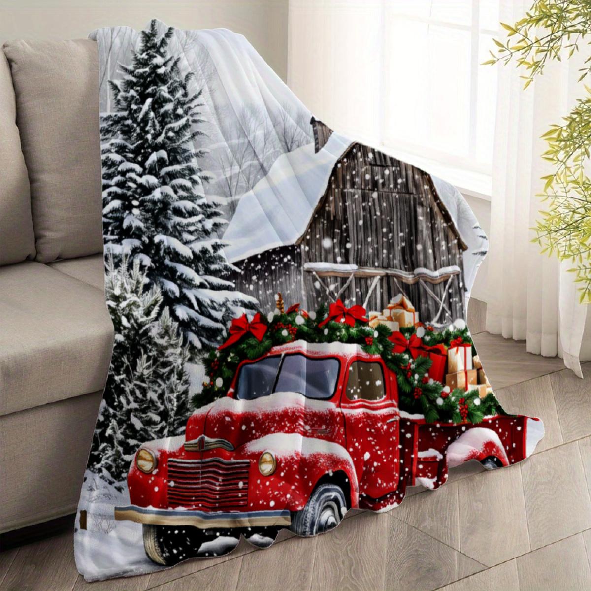 290g flannel blanket ‌   Christmas Throw Blanket Red Vintage Truck With Snowy Cabin And Pine Trees Holiday Decor For Cozy Living Room Or Bedroom