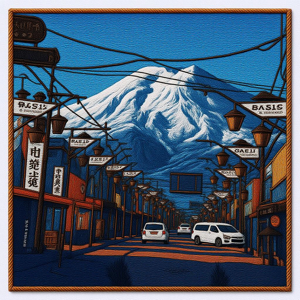 Wall Tapestry Blue Mount Fuji Japanese Street Scene With Snowy Mountain And Traditional Signs For Living Room Decor Cultural Charm Decorative Camping Picnic Chair Blanket Set Christmas Tree Ceramic Mug Straw artistic style