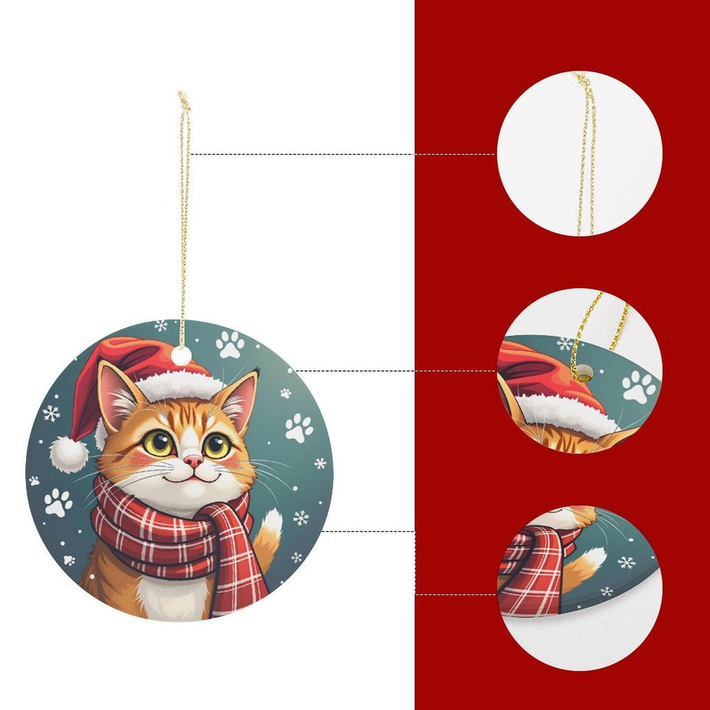 Santa Hat Cat Ornament - Ceramic Pendant