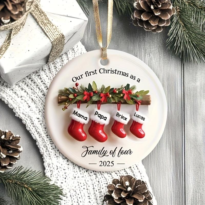 Personalized Family of Three 2025 Ceramic Christmas Ornament - Custom New First Christmas Keepsake with Names (Mom, Dad,) - Footprint Option - Durable Hanging Decoration for & Tree Camping Picnic Chair and Blanket Set Coffee Mug Lid Straw