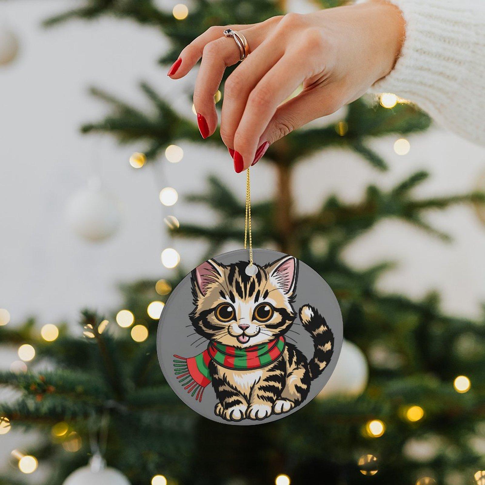 Cute Christmas Cat with Scarf Ceramic Ornament - Reusable Hanging Accessory for , Home, Car & Bags | Festive Christmas Decor & Cat Lover Gift Camping Picnic Chair and Blanket Set Mug Straw