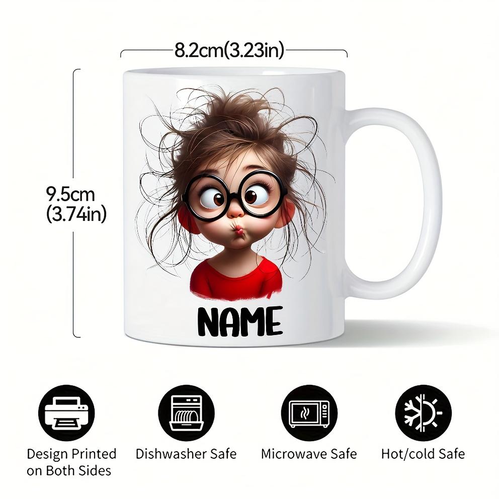 Personalized Funny Girl Face Mug with Glasses & Expressive Eyes 11oz Dishwasher Safe Ceramic Coffee Cup Custom Name Text Ideal Gift for Teens Birthdays Everyday Use Camping Picnic Chair and Blanket Set Christmas LidCoffee Mug Tree Straw