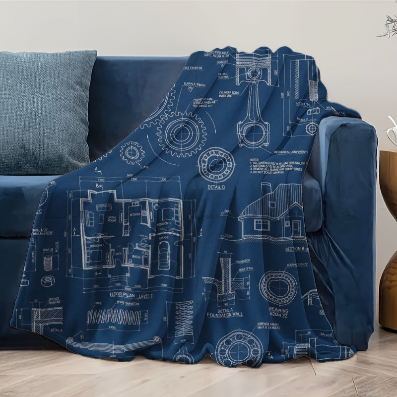 Custom "Family Blueprint" Fleece Blanket - Personalized Names Architectural Design - Navy Blue Sherpa Throw - Unique Gift for Husband & Dad