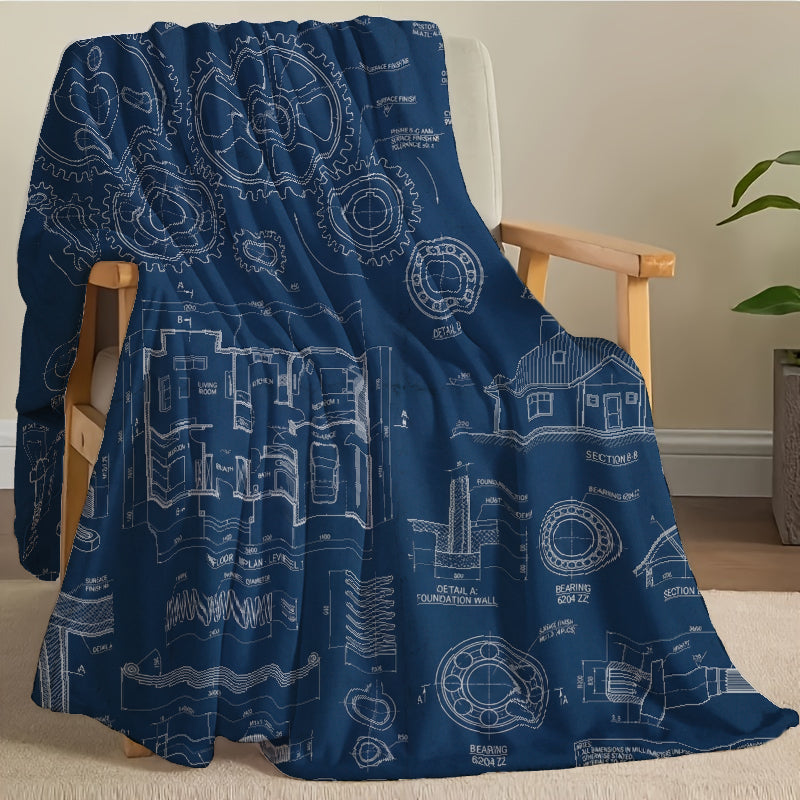Custom "Family Blueprint" Fleece Blanket - Personalized Names Architectural Design - Navy Blue Sherpa Throw - Unique Gift for Husband & Dad