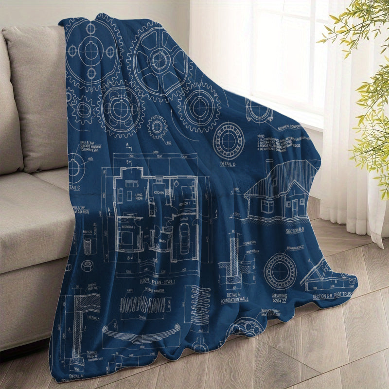 Custom "Family Blueprint" Fleece Blanket - Personalized Names Architectural Design - Navy Blue Sherpa Throw - Unique Gift for Husband & Dad