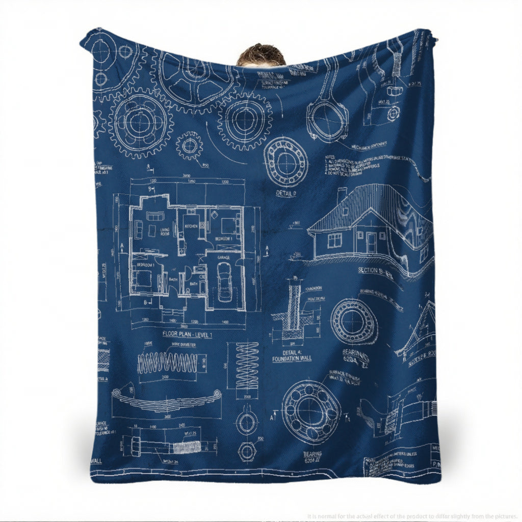 Custom "Family Blueprint" Fleece Blanket - Personalized Names Architectural Design - Navy Blue Sherpa Throw - Unique Gift for Husband & Dad