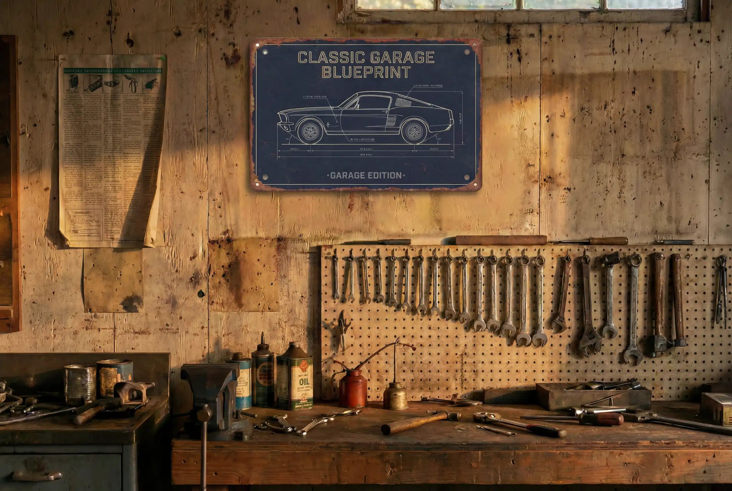 Classic Garage Blueprint Metal Sign