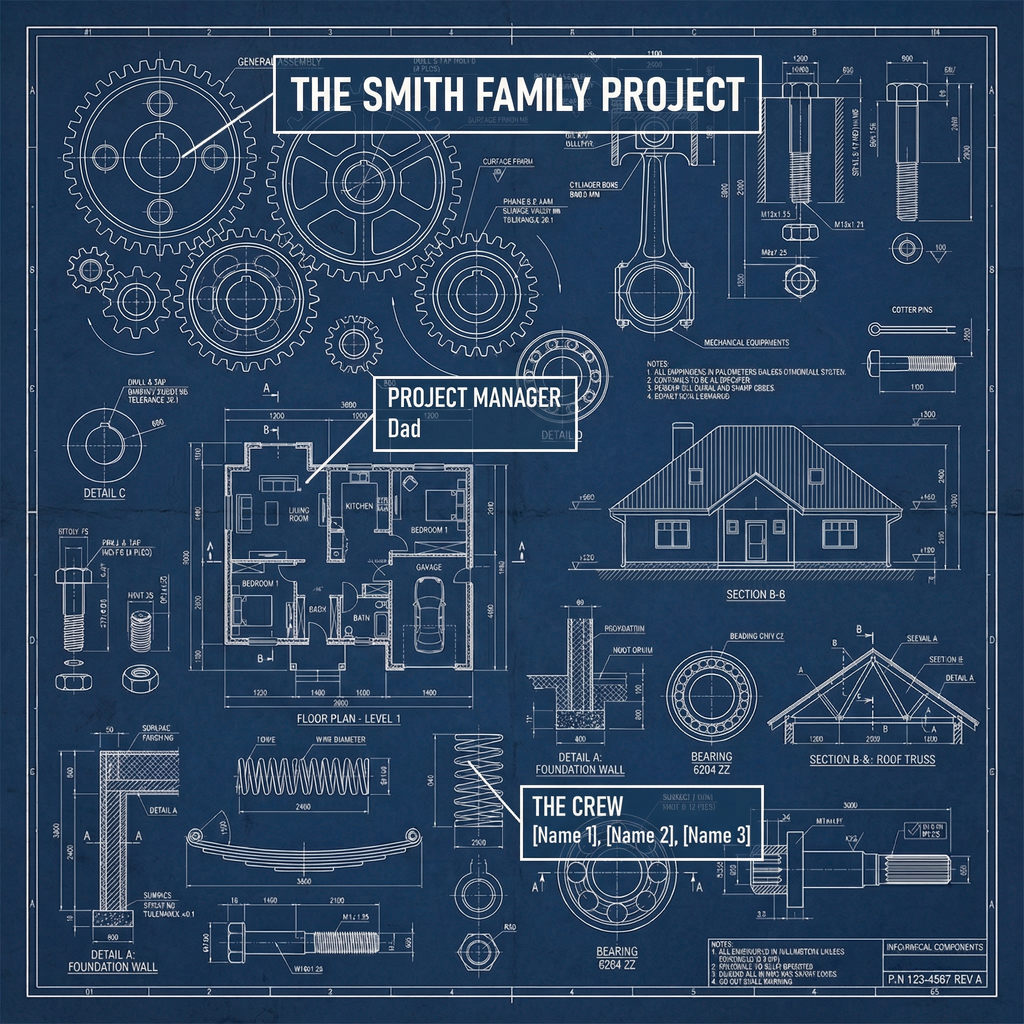 Custom "Family Blueprint" Fleece Blanket - Personalized Names Architectural Design - Navy Blue Sherpa Throw - Unique Gift for Husband & Dad