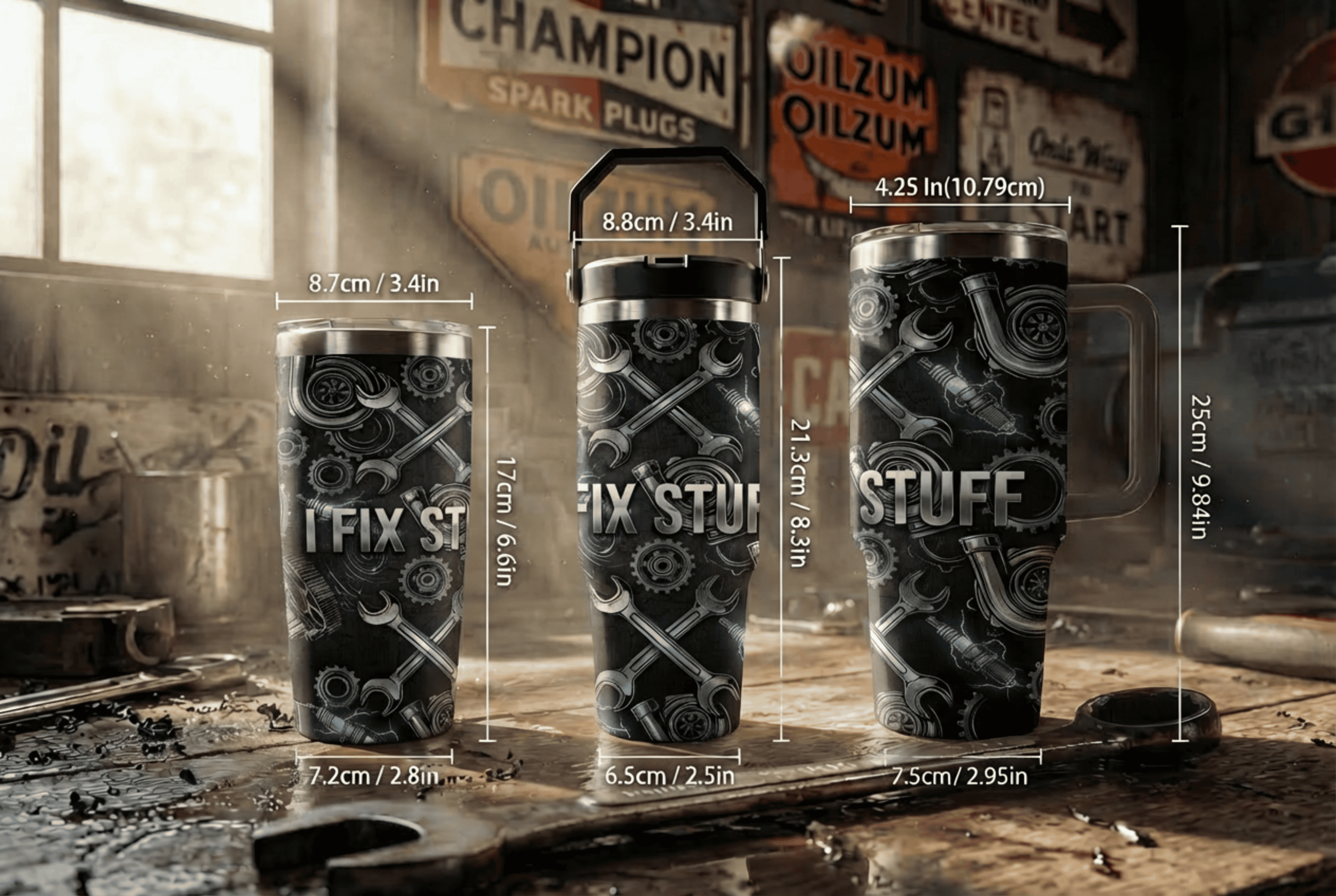Faux Laser Engraved Mechanic Tumbler - 20/30/40oz Stainless Steel Travel Mug - "Diesel Power" Industrial Design - Rugged Gift for Men - Detail 1