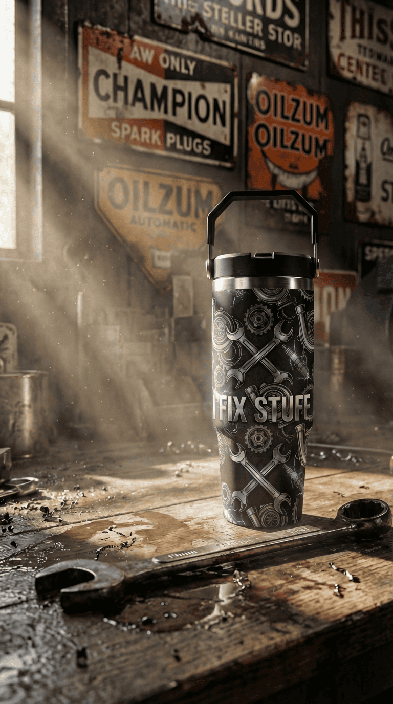 Faux Laser Engraved Mechanic Tumbler - 20/30/40oz Stainless Steel Travel Mug - "Diesel Power" Industrial Design - Rugged Gift for Men