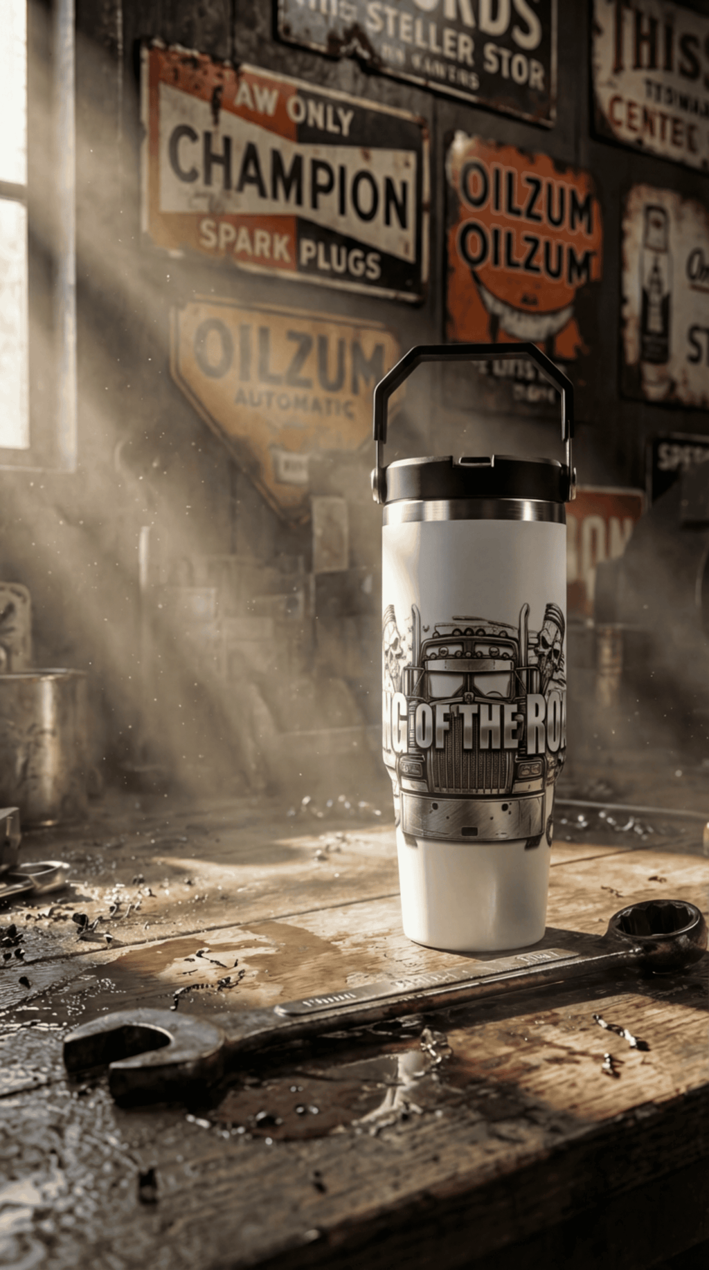 Faux Laser Engraved Trucker Tumbler - 20/30/40oz Stainless Steel Travel Mug - "Diesel Power" Industrial Design - Rugged Gift for Men