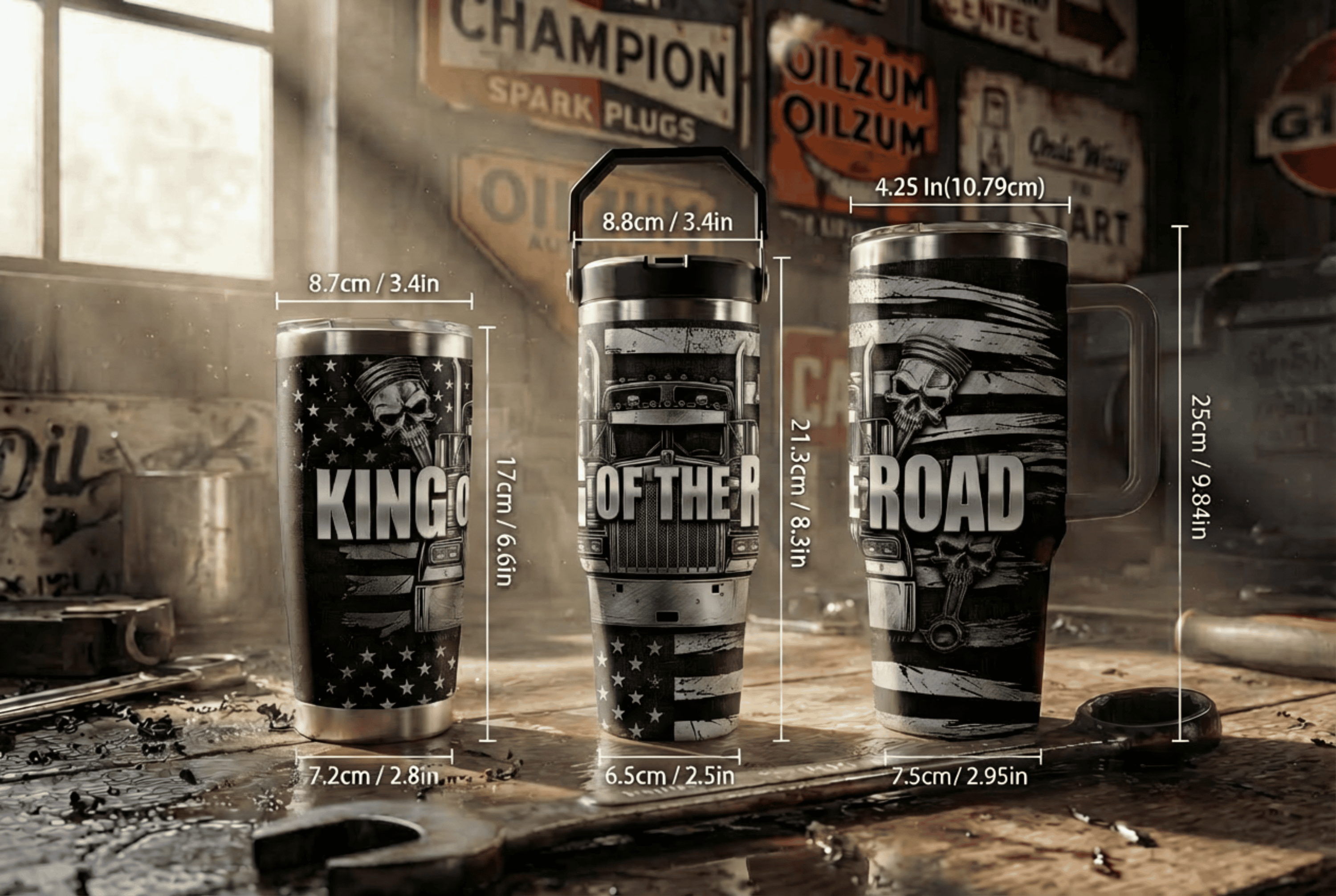 Faux Laser Engraved Trucker Tumbler - 20/30/40oz Stainless Steel Travel Mug - "Diesel Power" Industrial Design - Rugged Gift for Men - Detail 1