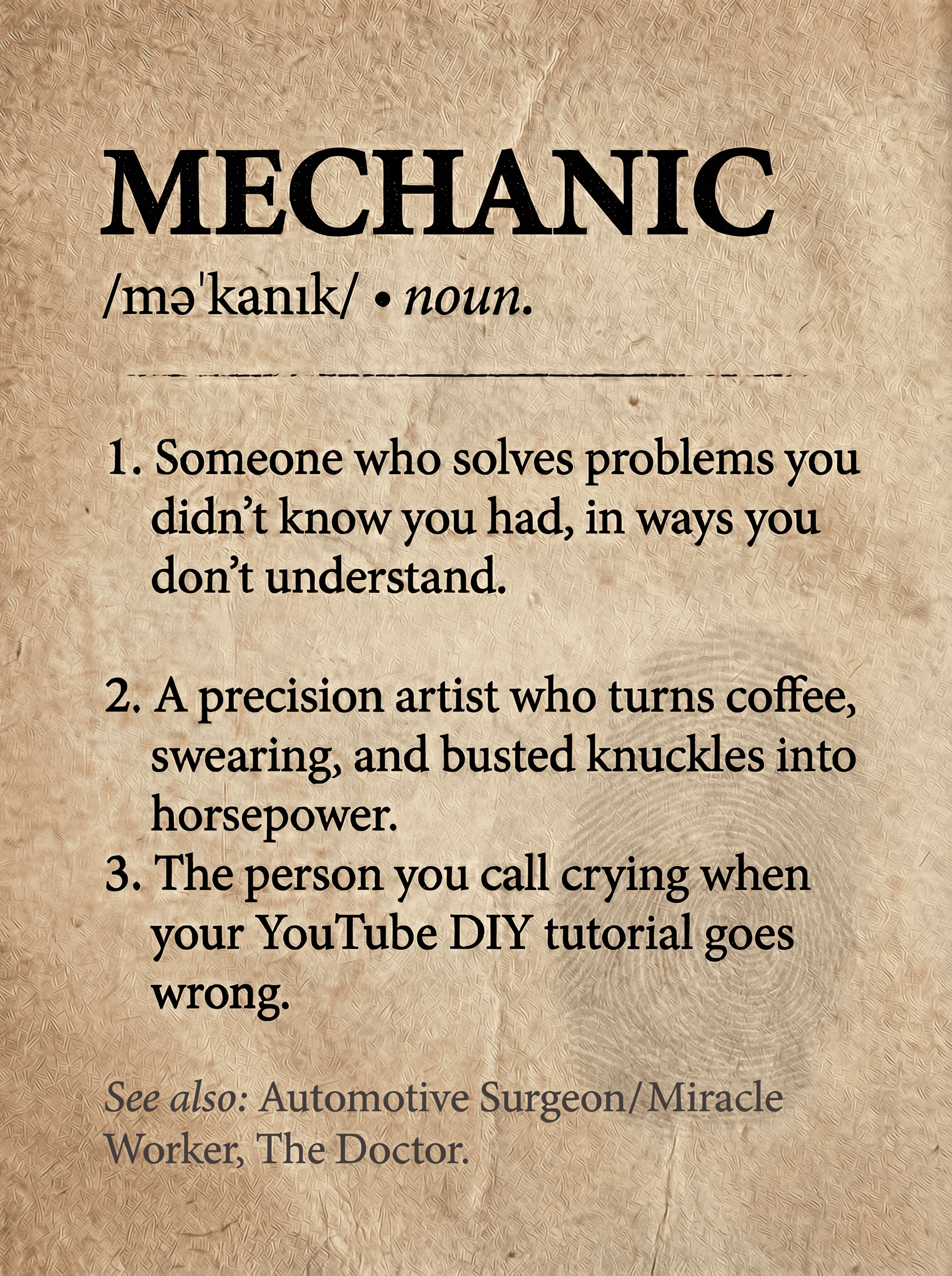 Funny Mechanic Definition Framed Poster - Ultimate Garage & Man Cave Decor - Unique Appreciation Gift for Car Guys, Auto Techs, and Dads