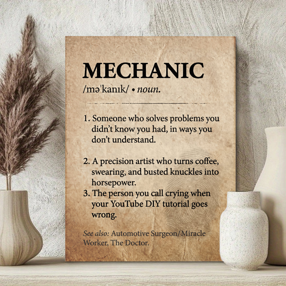 Funny Mechanic Definition Framed Poster - Ultimate Garage & Man Cave Decor - Unique Appreciation Gift for Car Guys, Auto Techs, and Dads