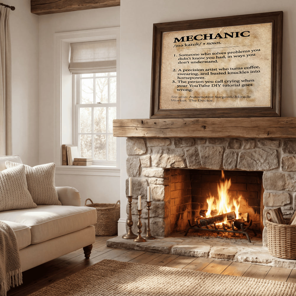 Funny Mechanic Definition Framed Poster - Ultimate Garage & Man Cave Decor - Unique Appreciation Gift for Car Guys, Auto Techs, and Dads