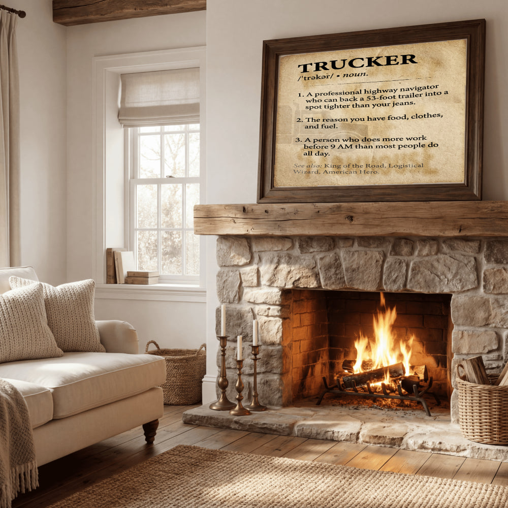 Trucker Definition Wall Art - Funny Truck Driver Gift & Home Decor - "King of The Road" Framed Print for Dad, Husband, or Long Haulers