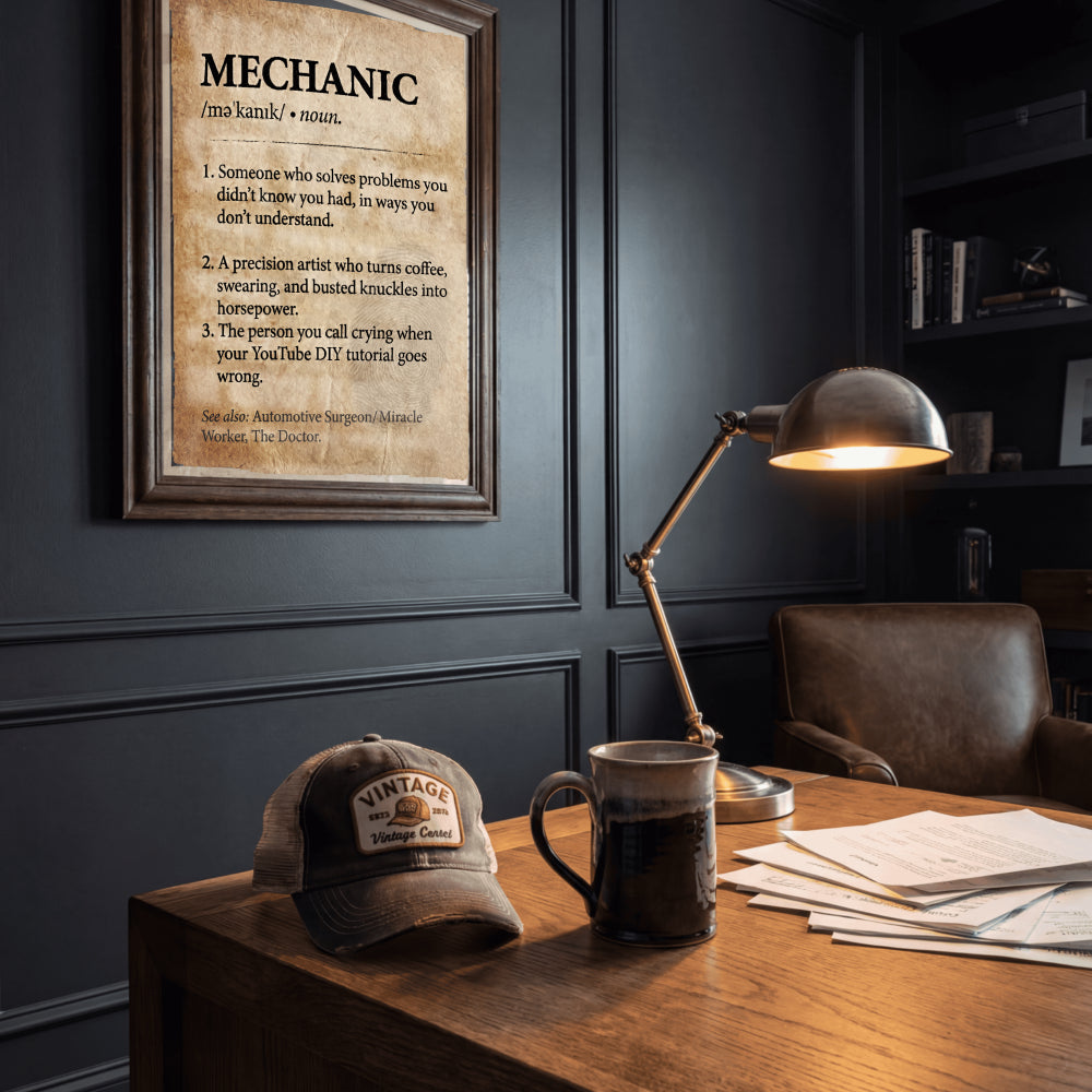 Funny Mechanic Definition Framed Poster - Ultimate Garage & Man Cave Decor - Unique Appreciation Gift for Car Guys, Auto Techs, and Dads