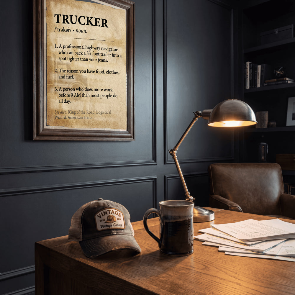 Trucker Definition Wall Art - Funny Truck Driver Gift & Home Decor - "King of The Road" Framed Print for Dad, Husband, or Long Haulers