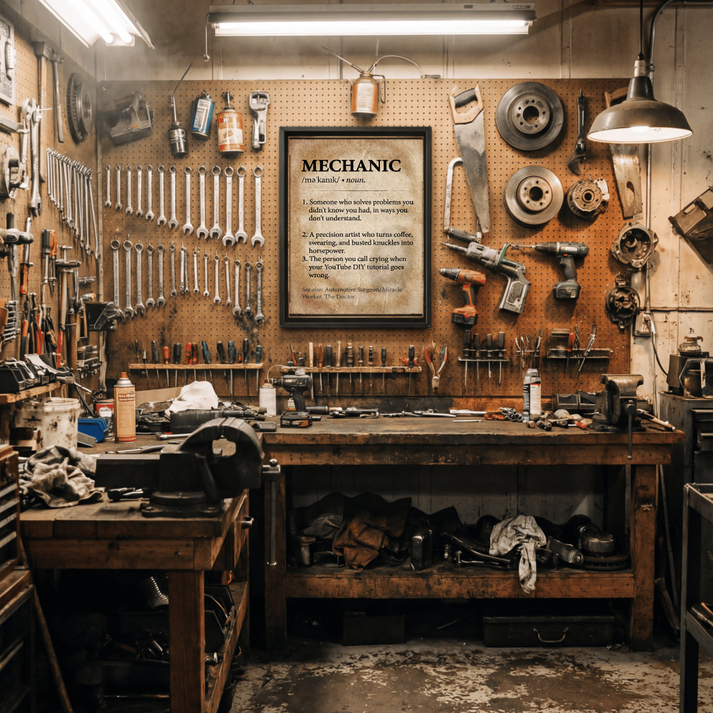 Funny Mechanic Definition Framed Poster - Ultimate Garage & Man Cave Decor - Unique Appreciation Gift for Car Guys, Auto Techs, and Dads