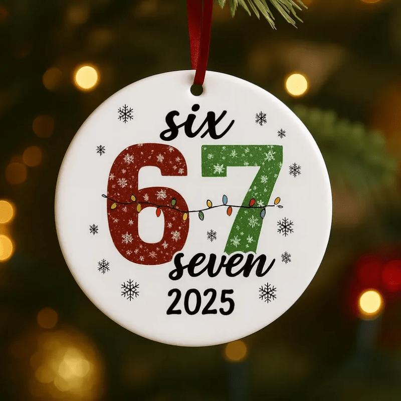 2025 Year-Specific Six Seven 67 Ceramic Ornament - Number 67 Numbered Keepsake for Gen Z, Durable 3.1" White & Red/Black/Green Bohemian-Style Number 67 Decor with Ribbon, & Christmas Tree Gift for & Camping Picnic Chair and Blanket Set Coffee Mug Lid Stra