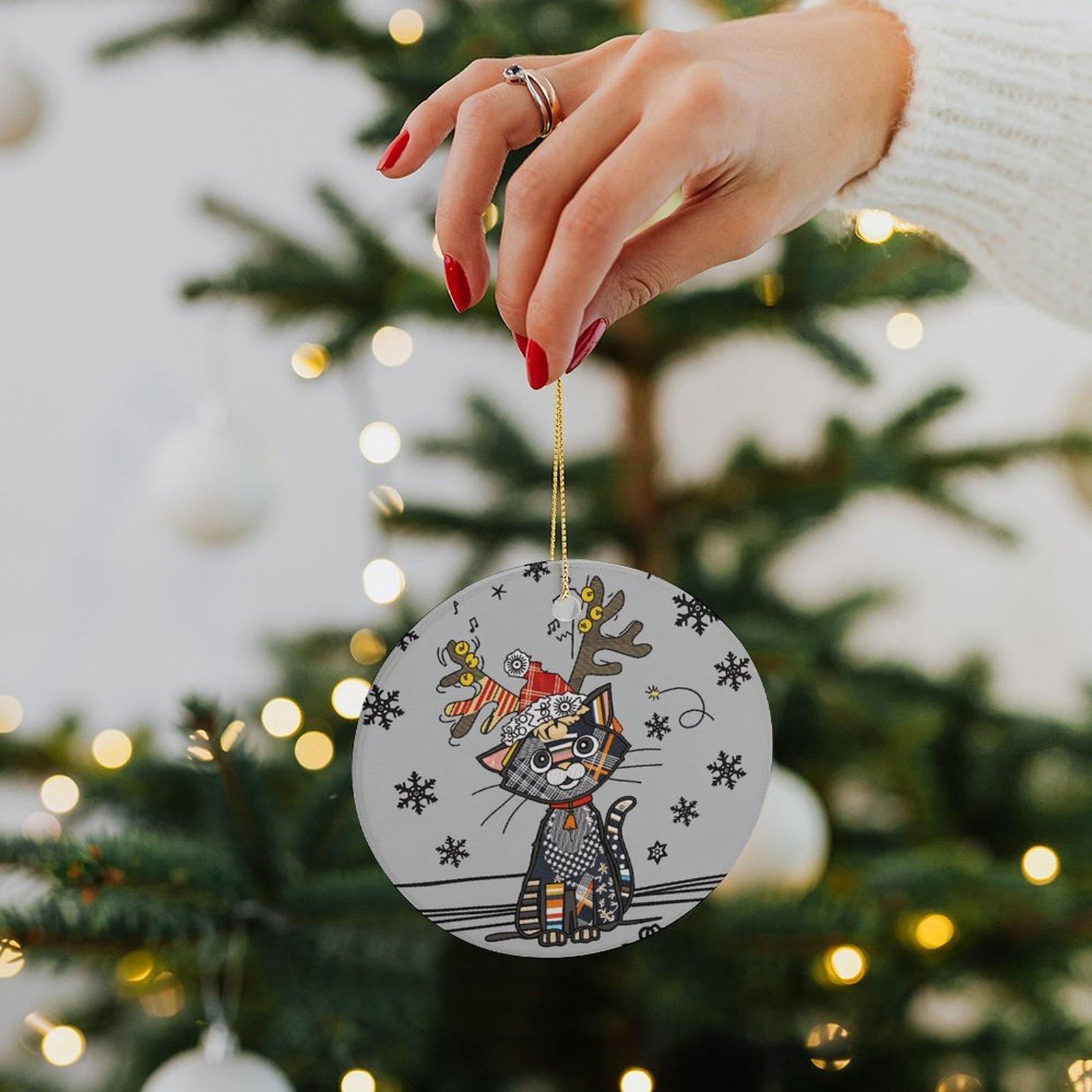 Christmas Ceramic Kitten Pendant - Reusable Holiday Decoration with Reindeer Hat Pattern | Festive Decor for Christmas s, Home, Cars & Bags | Unique Festive Theme Ceramic Ornament for Holiday Cheer Camping Picnic Chair and Blanket Set Mug Straw