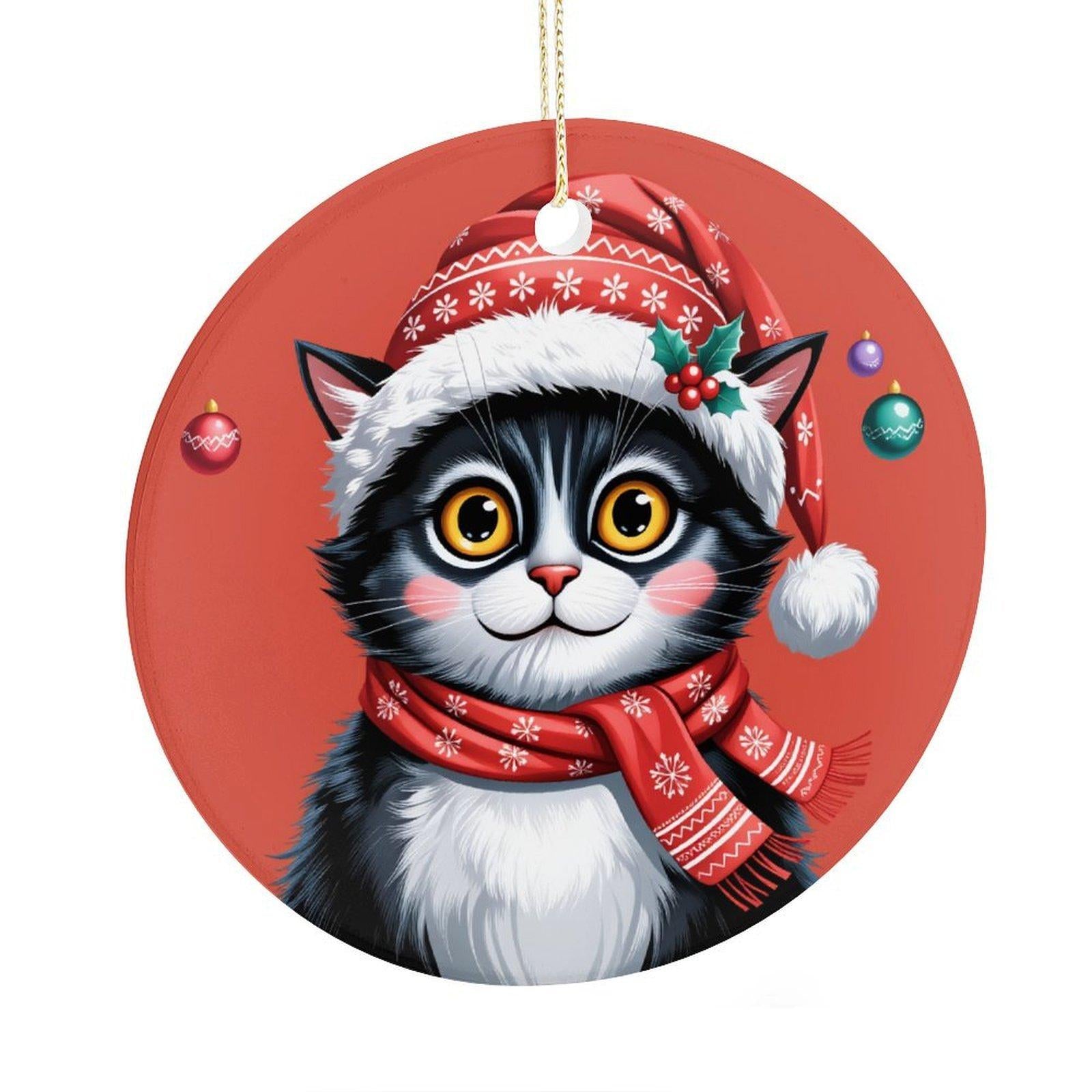 Christmas Cat with Santa Hat & Scarf Ceramic Ornament - Reusable Holiday Decor | Cute Kitty Pendant for /Home/Car/Bags | Ideal Cat Lover Christmas Gift Camping Picnic Chair and Blanket Set Mug Straw