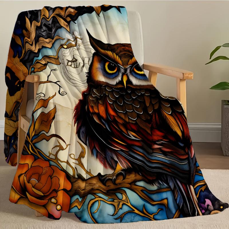 Retro Owl Thin Blanket Lightweight Flannel Throw For Sofa Bed Travel Camping Livingroom Office Couch Chair And Bed Digital Printing Fleece Blanket With Soft And Warm Flannel Fabric Picnic Set Ceramic Christmas Coffee Mug Lid Tree Straw