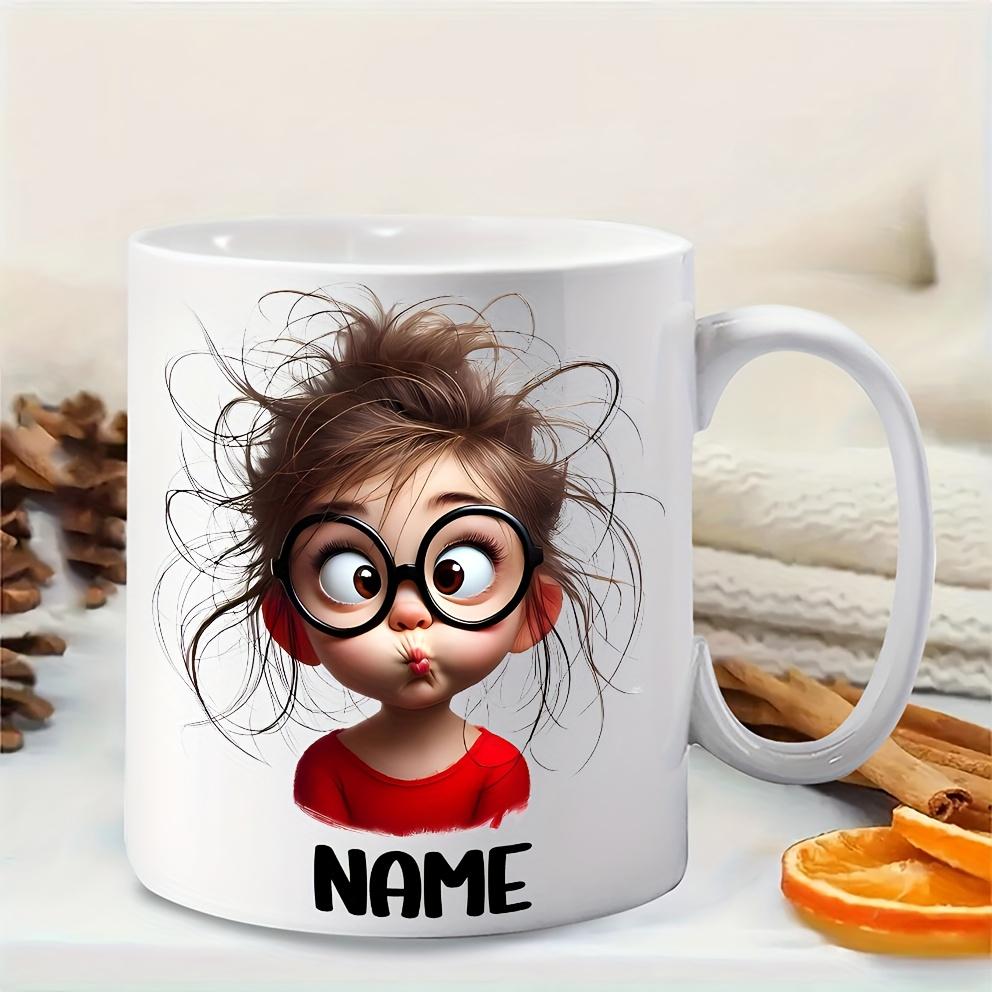 Personalized Funny Girl Face Mug with Glasses & Expressive Eyes 11oz Dishwasher Safe Ceramic Coffee Cup Custom Name Text Ideal Gift for Teens Birthdays Everyday Use Camping Picnic Chair and Blanket Set Christmas LidCoffee Mug Tree Straw