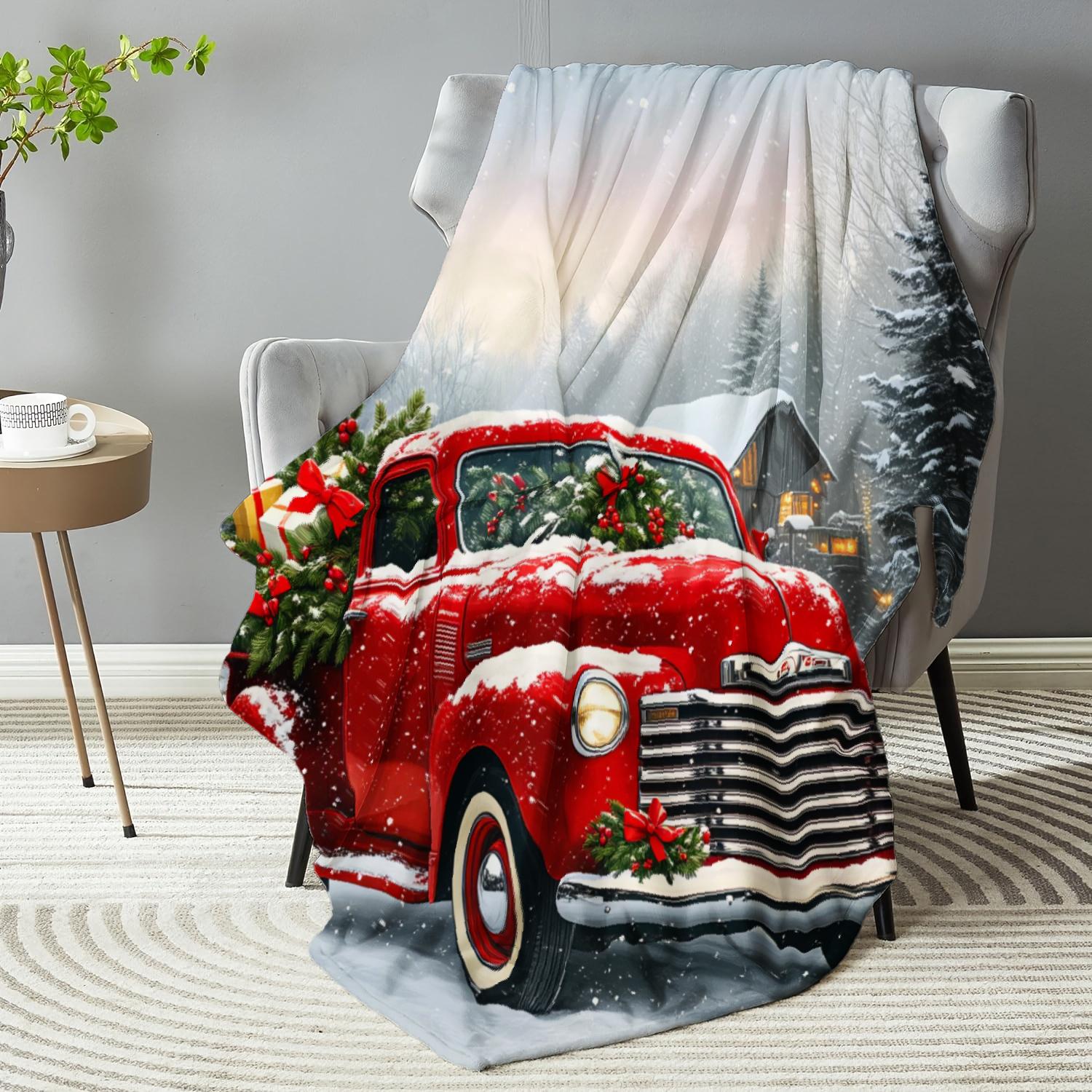 Christmas Throw Blanket Red Vintage Truck Snowy Winter Scene With Christmas Tree And Gifts Cozy Living Room Bedroom Decor Camping Picnic Chair Set Ceramic Mug Straw