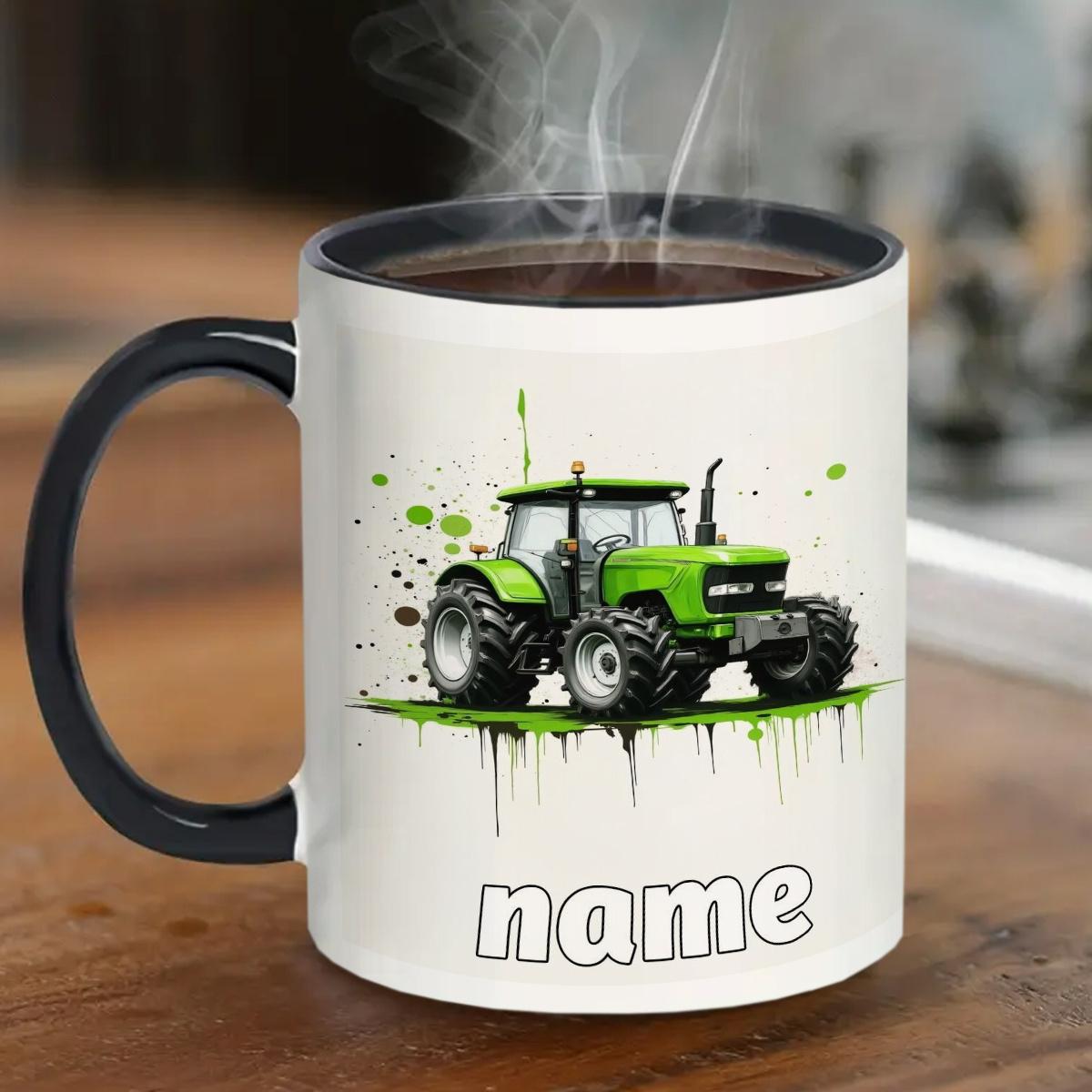Customized Name Cute Durable 11oz Ceramic Mug with Cartoon Tractor Design for Hot & Cold Drinks Perfect Gift for Birthdays Christmas New Year Camping Picnic Chair and Blanket Set Coffee LidCoffee Mug Tree Straw