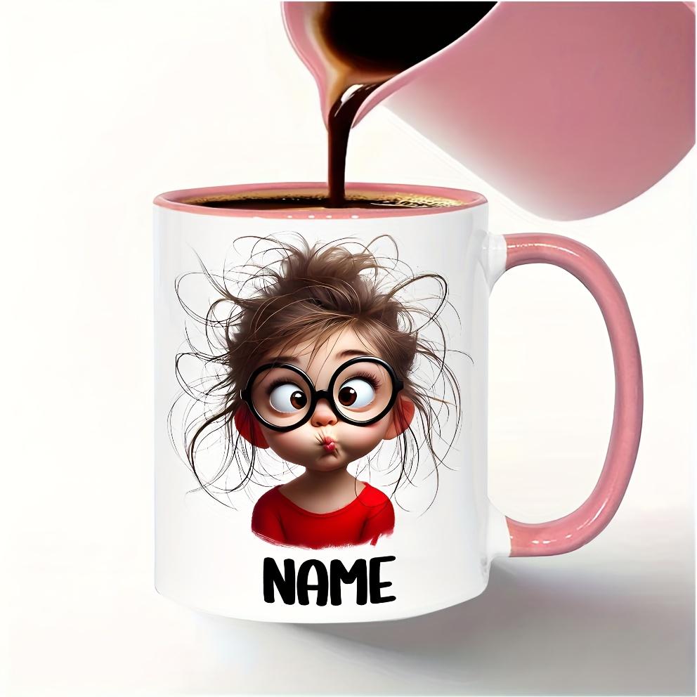 Personalized Funny Girl Face Mug with Glasses & Expressive Eyes 11oz Dishwasher Safe Ceramic Coffee Cup Custom Name Text Ideal Gift for Teens Birthdays Everyday Use Camping Picnic Chair and Blanket Set Christmas LidCoffee Mug Tree Straw