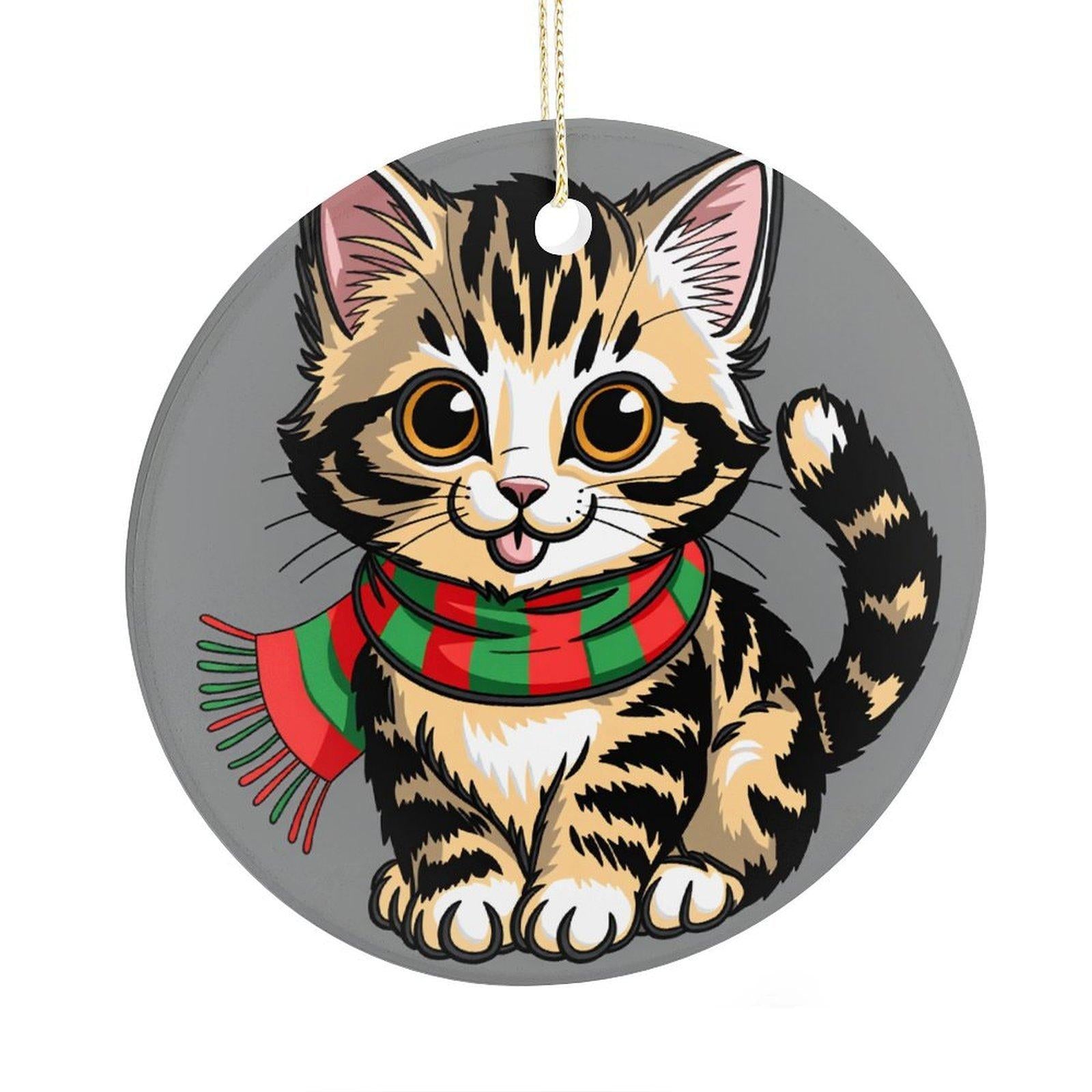Cute Christmas Cat with Scarf Ceramic Ornament - Reusable Hanging Accessory for , Home, Car & Bags | Festive Christmas Decor & Cat Lover Gift Camping Picnic Chair and Blanket Set Mug Straw
