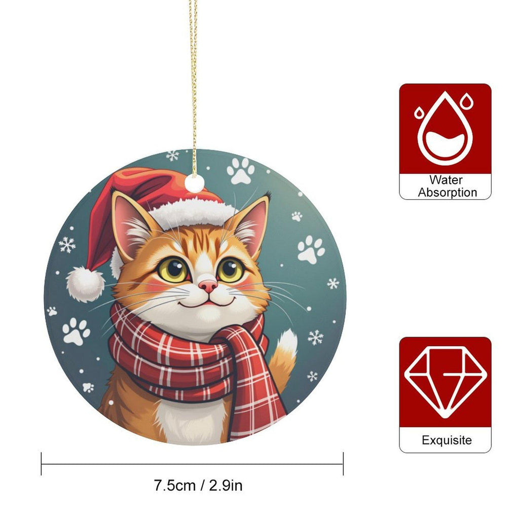 Santa Hat Cat Ornament - Ceramic Pendant