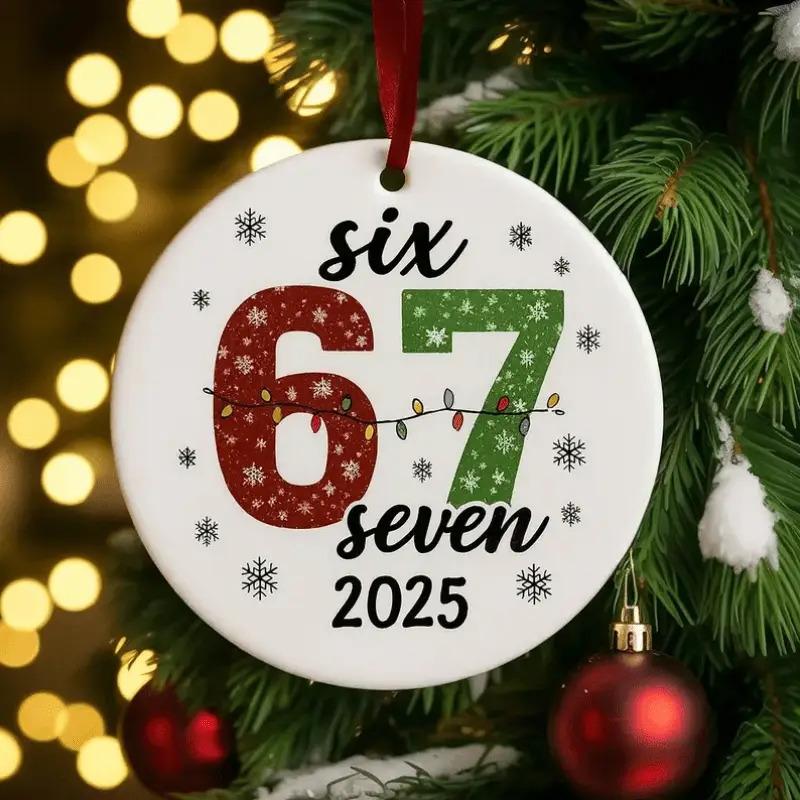 2025 Year-Specific Six Seven 67 Ceramic Ornament - Number 67 Numbered Keepsake for Gen Z, Durable 3.1" White & Red/Black/Green Bohemian-Style Number 67 Decor with Ribbon, & Christmas Tree Gift for & Camping Picnic Chair and Blanket Set Coffee Mug Lid Stra