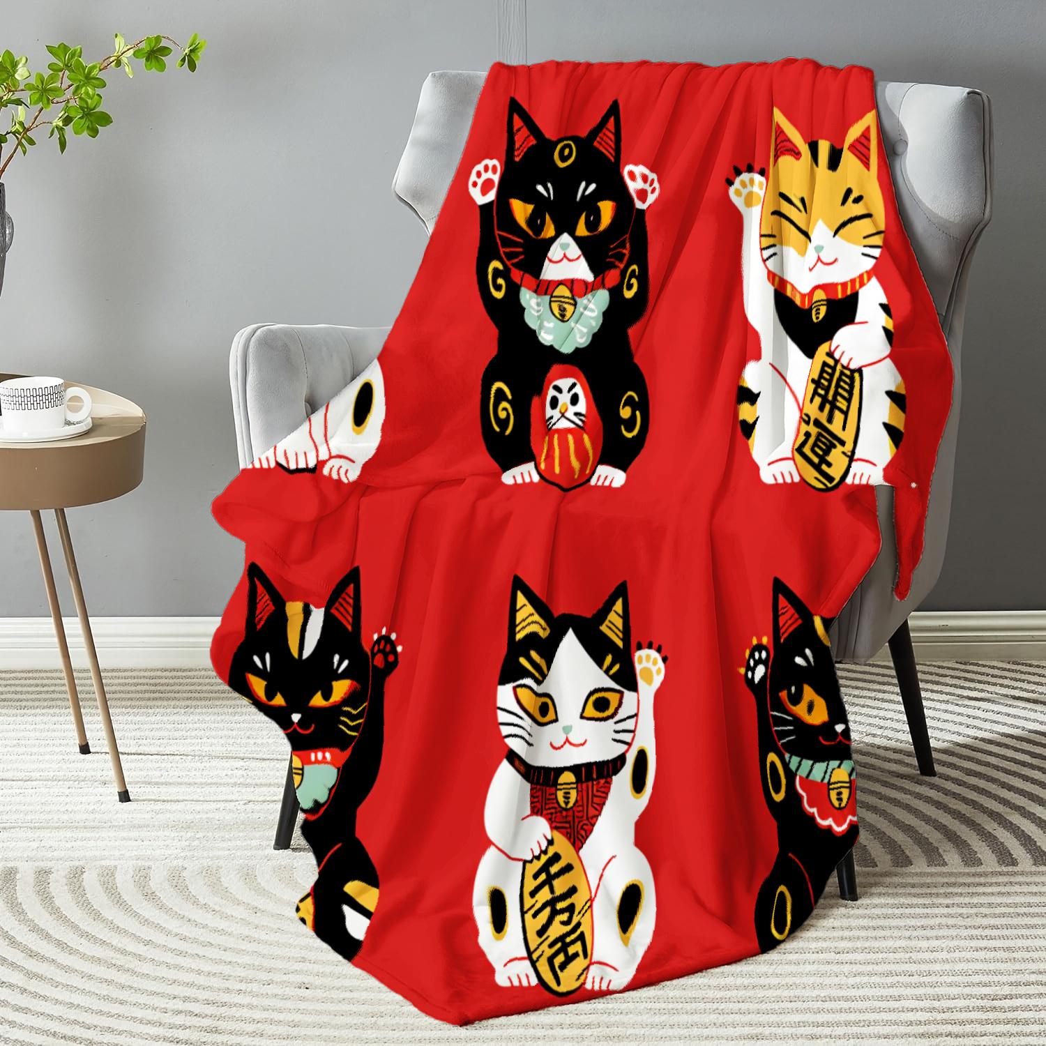 Red Zhaocai Cat Print Flannel Blanket Reversible All-Season Soft Warm Throw for Sofa Bed Nap Machine Washable Multi-Size Cozy Home Decor with Playful Feline Design Contemporary Style Plush Texture Camping Picnic Chair and Set Ceramic Christmas Coffee Mug