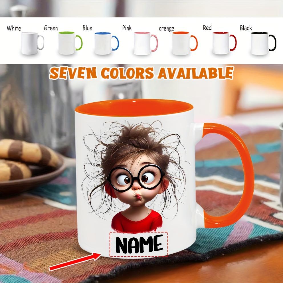 Personalized Funny Girl Face Mug with Glasses & Expressive Eyes 11oz Dishwasher Safe Ceramic Coffee Cup Custom Name Text Ideal Gift for Teens Birthdays Everyday Use Camping Picnic Chair and Blanket Set Christmas LidCoffee Mug Tree Straw