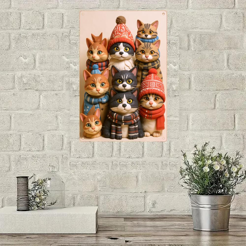 1pcs Iron sheet painting Cat Family Wall Art Decor Winter Hats And Scarves Pattern For Home Indoor Decoration Adorable Feline Fashions Cozy Touch Playful Whimsical Addition Camping Picnic Chair Blanket Set Christmas Tree Ceramic Mug with Straw