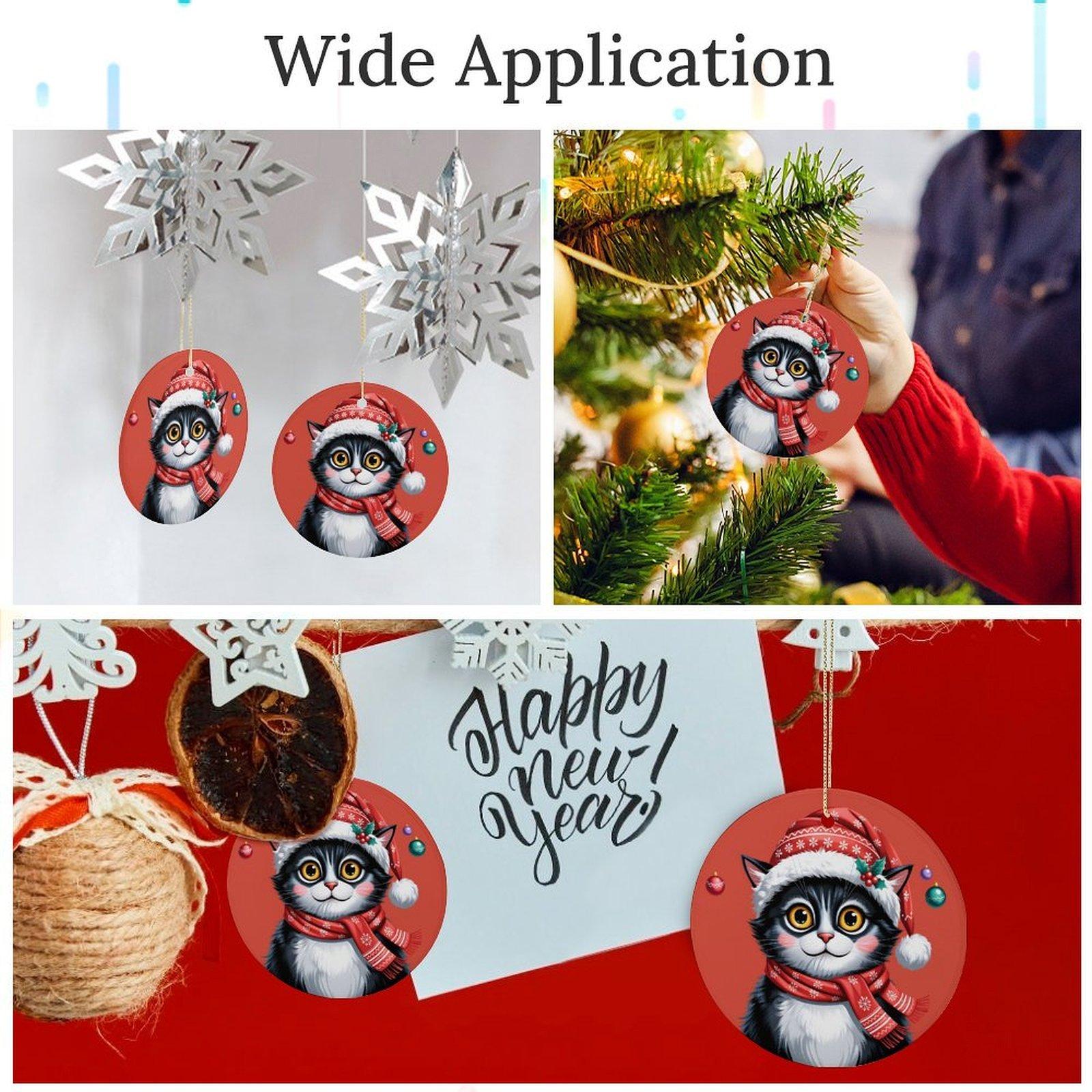 Christmas Cat with Santa Hat & Scarf Ceramic Ornament - Reusable Holiday Decor | Cute Kitty Pendant for /Home/Car/Bags | Ideal Cat Lover Christmas Gift Camping Picnic Chair and Blanket Set Mug Straw