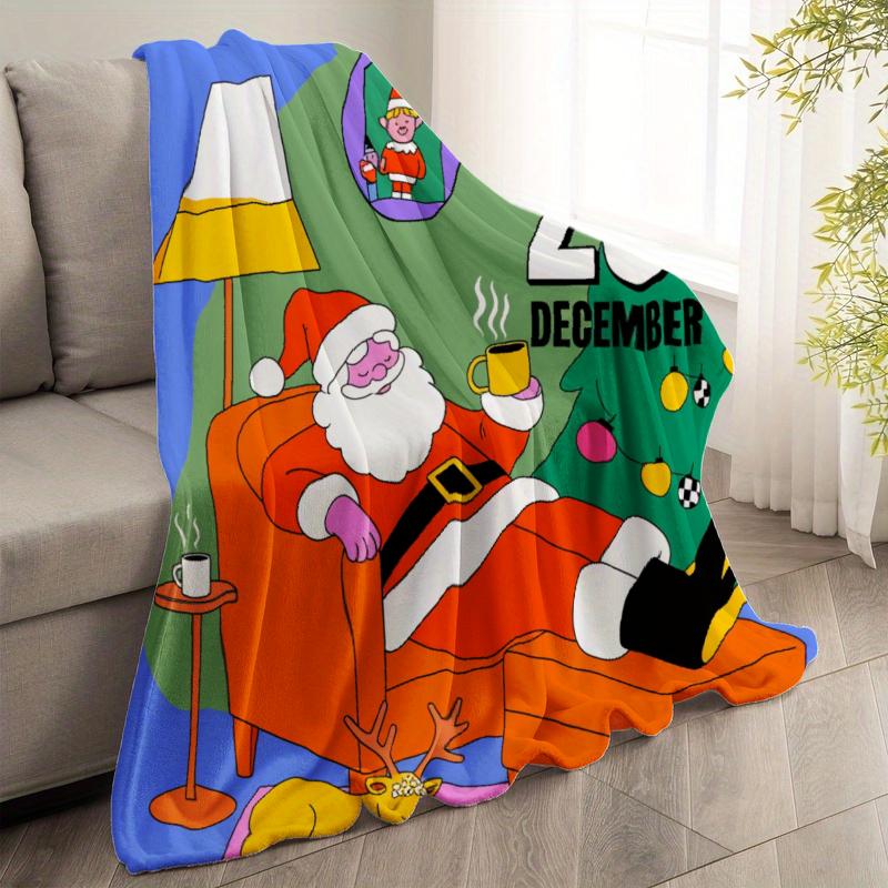 Christmas Throw Blanket Multicolor Santa Claus With Coffee And Christmas Tree 25 December Design For Holiday Home Decor And Cozy Relaxation Camping Picnic Chair Set Ceramic Mug Straw